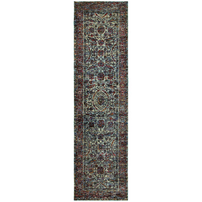 2' X 8' Blue And Purple Oriental Power Loom Stain Resistant Runner Rug