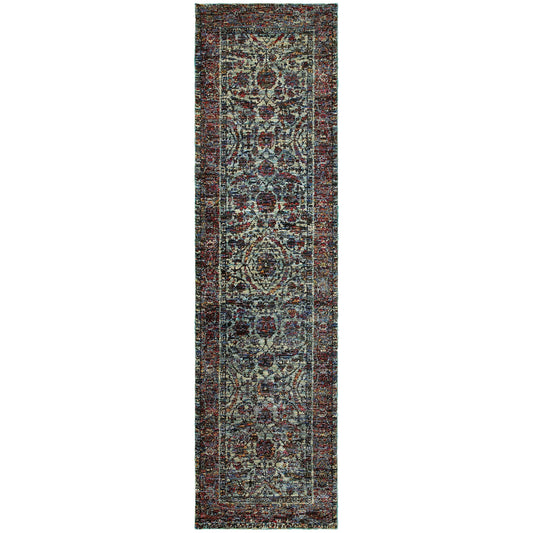 2' X 8' Blue And Purple Oriental Power Loom Stain Resistant Runner Rug