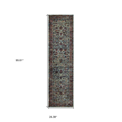 2' X 8' Blue And Purple Oriental Power Loom Stain Resistant Runner Rug
