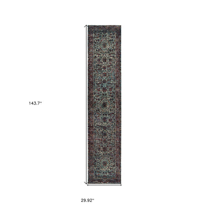 2' X 10' Blue And Purple Oriental Power Loom Stain Resistant Runner Rug