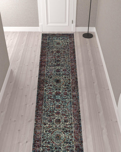 2' X 10' Blue And Purple Oriental Power Loom Stain Resistant Runner Rug
