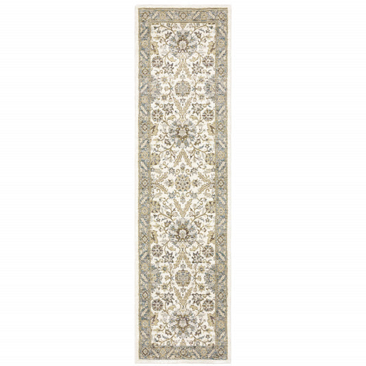 2' X 8' Stone Grey Ivory Green Brown Teal And Light Blue Oriental Power Loom Stain Resistant Runner Rug