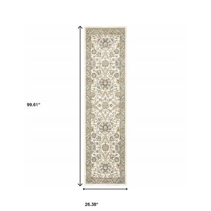2' X 8' Stone Grey Ivory Green Brown Teal And Light Blue Oriental Power Loom Stain Resistant Runner Rug