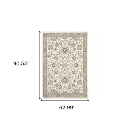 5' X 7' Stone Grey Ivory Green Brown Teal And Light Blue Oriental Power Loom Stain Resistant Area Rug