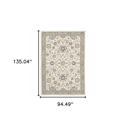 8' X 10' Stone Grey Ivory Green Brown Teal And Light Blue Oriental Power Loom Stain Resistant Area Rug