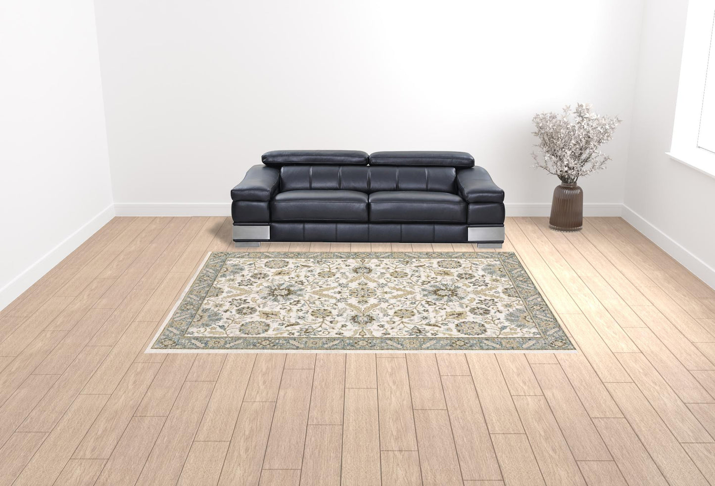 9' X 12' Stone Grey Ivory Green Brown Teal And Light Blue Oriental Power Loom Stain Resistant Area Rug