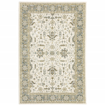 6' X 9' Ivory Grey And Blue Oriental Power Loom Stain Resistant Area Rug
