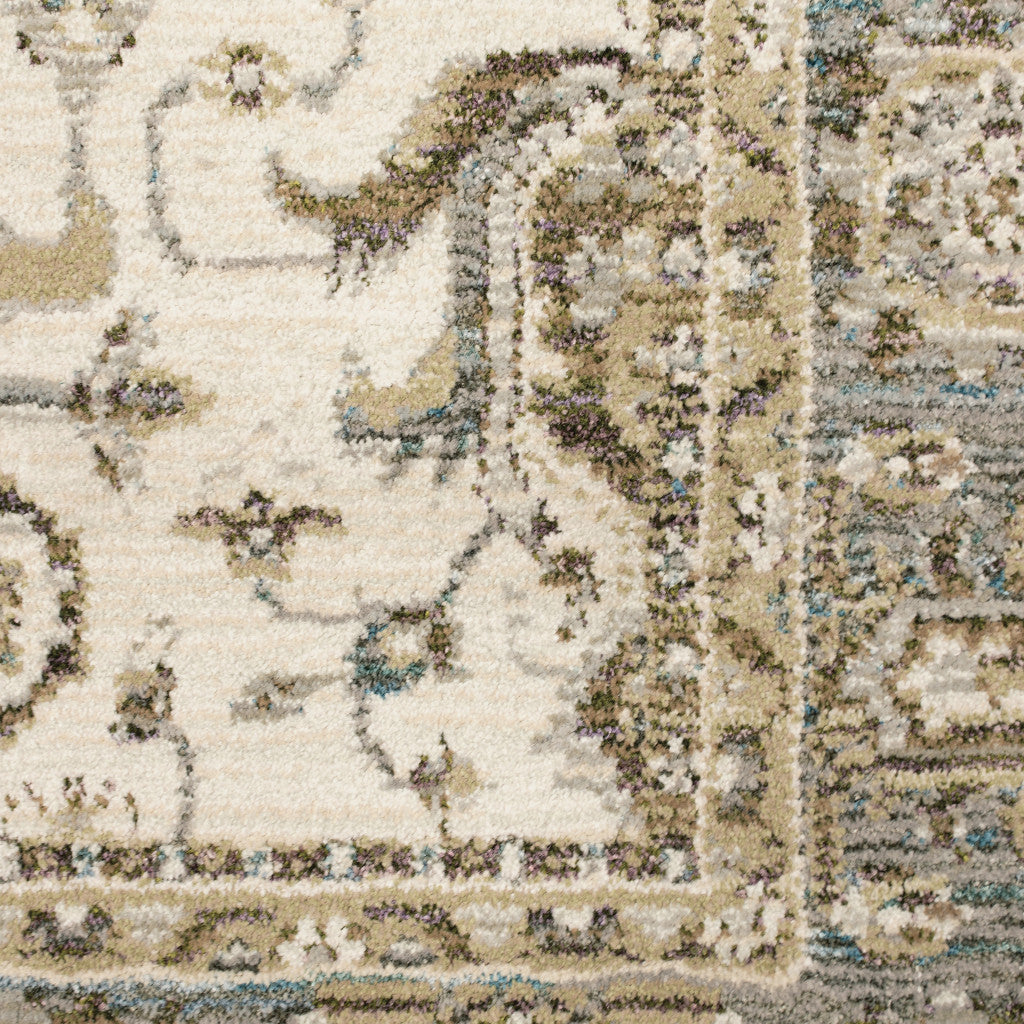 6' X 9' Ivory Grey And Blue Oriental Power Loom Stain Resistant Area Rug