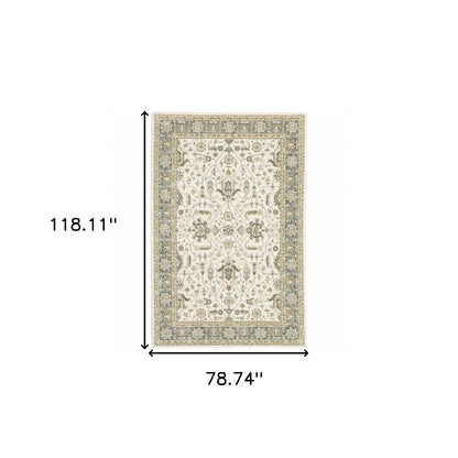 6' X 9' Ivory Grey And Blue Oriental Power Loom Stain Resistant Area Rug