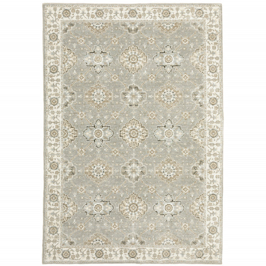 10' X 13' Grey Ivory Tan Brown And Gold Oriental Power Loom Stain Resistant Area Rug