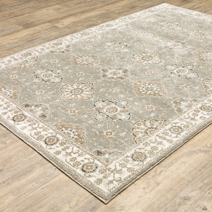 10' X 13' Grey Ivory Tan Brown And Gold Oriental Power Loom Stain Resistant Area Rug