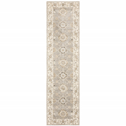 2' X 8' Grey Ivory Tan Brown And Gold Oriental Power Loom Stain Resistant Runner Rug