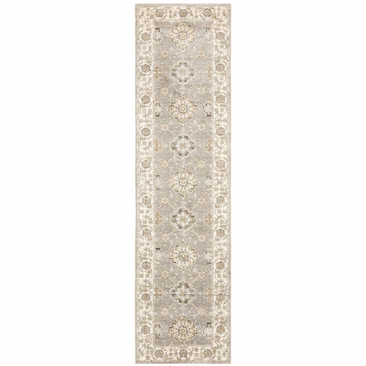 2' X 8' Grey Ivory Tan Brown And Gold Oriental Power Loom Stain Resistant Runner Rug