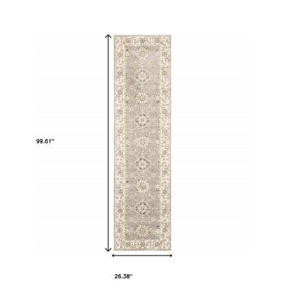 2' X 8' Grey Ivory Tan Brown And Gold Oriental Power Loom Stain Resistant Runner Rug