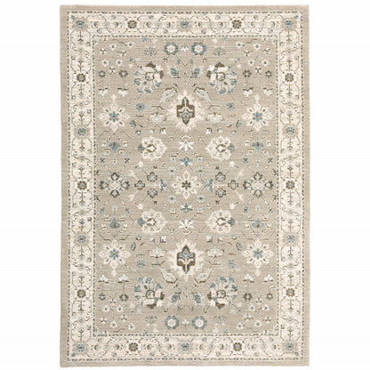 10' X 13' Beige Ivory Blue Green And Purple Oriental Power Loom Stain Resistant Area Rug