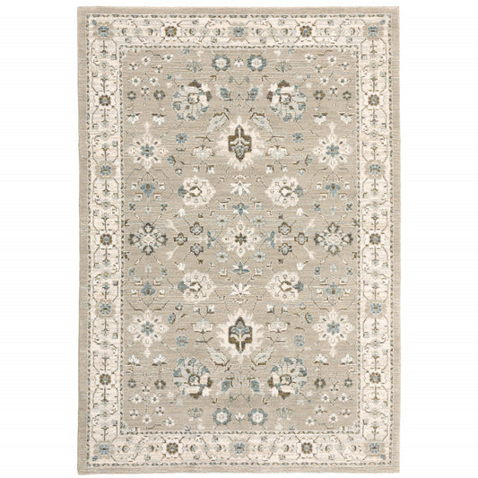10' X 13' Beige Ivory Blue Green And Purple Oriental Power Loom Stain Resistant Area Rug