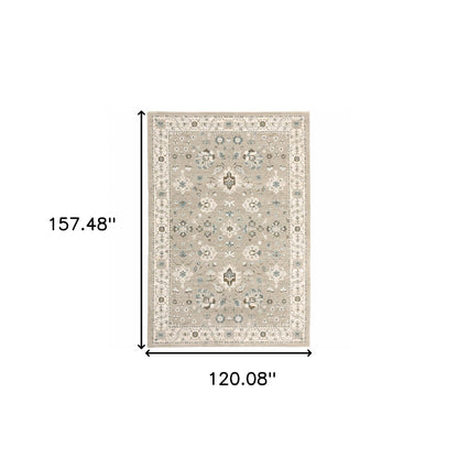 10' X 13' Beige Ivory Blue Green And Purple Oriental Power Loom Stain Resistant Area Rug