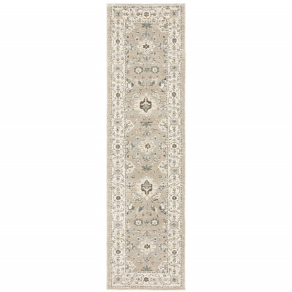 2' X 8' Beige And Ivory Oriental Power Loom Stain Resistant Runner Rug