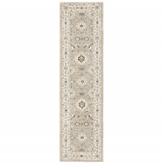 2' X 8' Beige And Ivory Oriental Power Loom Stain Resistant Runner Rug
