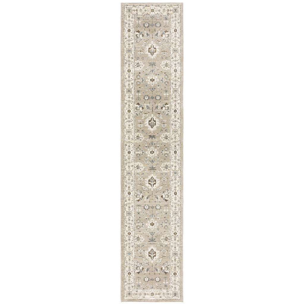 2' X 10' Beige And Ivory Oriental Power Loom Runner Rug