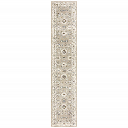 2' X 10' Beige And Ivory Oriental Power Loom Runner Rug