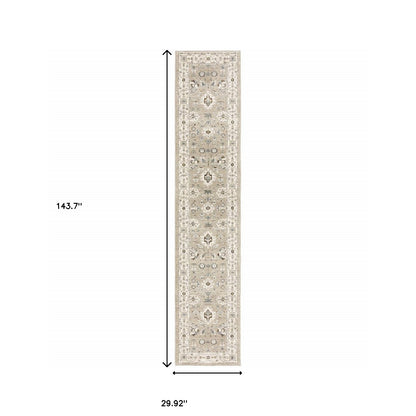 2' X 10' Beige And Ivory Oriental Power Loom Runner Rug