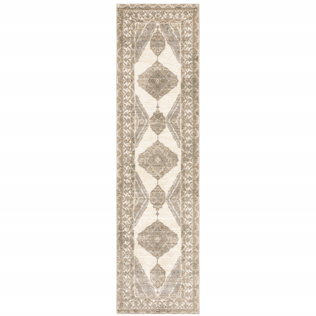 2' X 8' Beige And Ivory Oriental Power Loom Stain Resistant Runner Rug