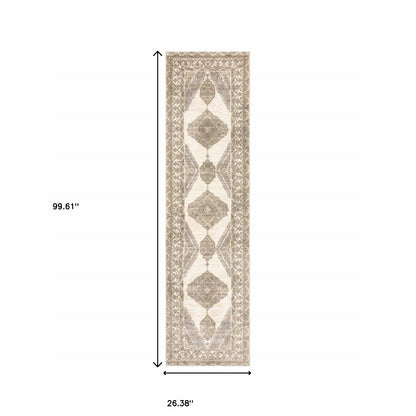 2' X 8' Beige And Ivory Oriental Power Loom Stain Resistant Runner Rug