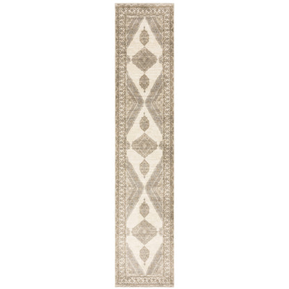 2' X 10' Beige And Ivory Oriental Power Loom Stain Resistant Runner Rug