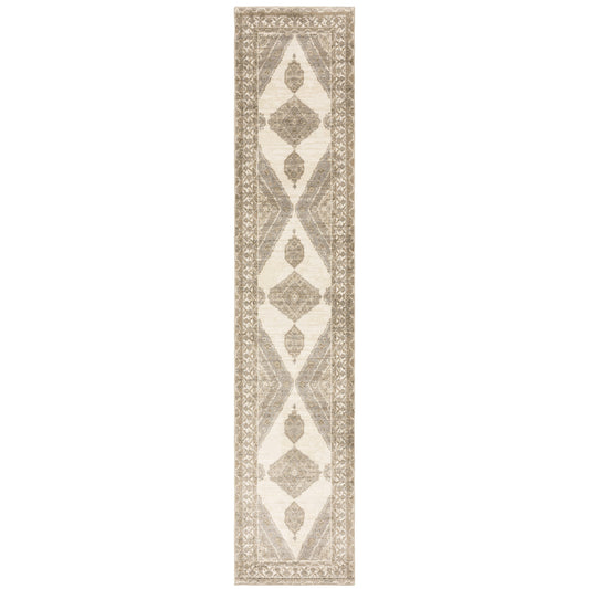 2' X 10' Beige And Ivory Oriental Power Loom Stain Resistant Runner Rug