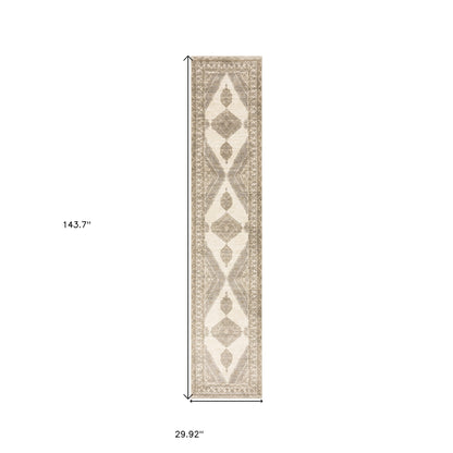 2' X 10' Beige And Ivory Oriental Power Loom Stain Resistant Runner Rug