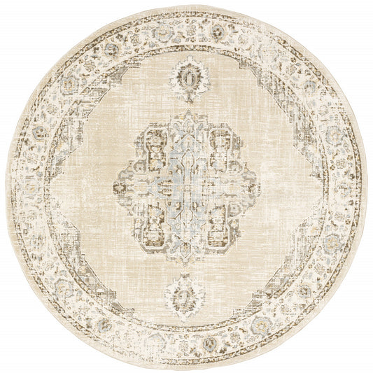 8' Beige And Ivory Round Oriental Power Loom Stain Resistant Area Rug