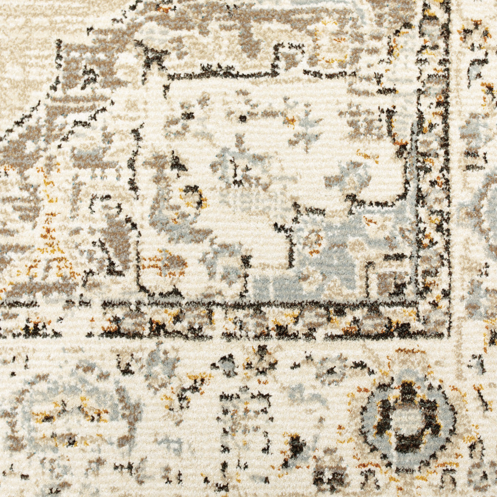 8' Beige And Ivory Round Oriental Power Loom Stain Resistant Area Rug