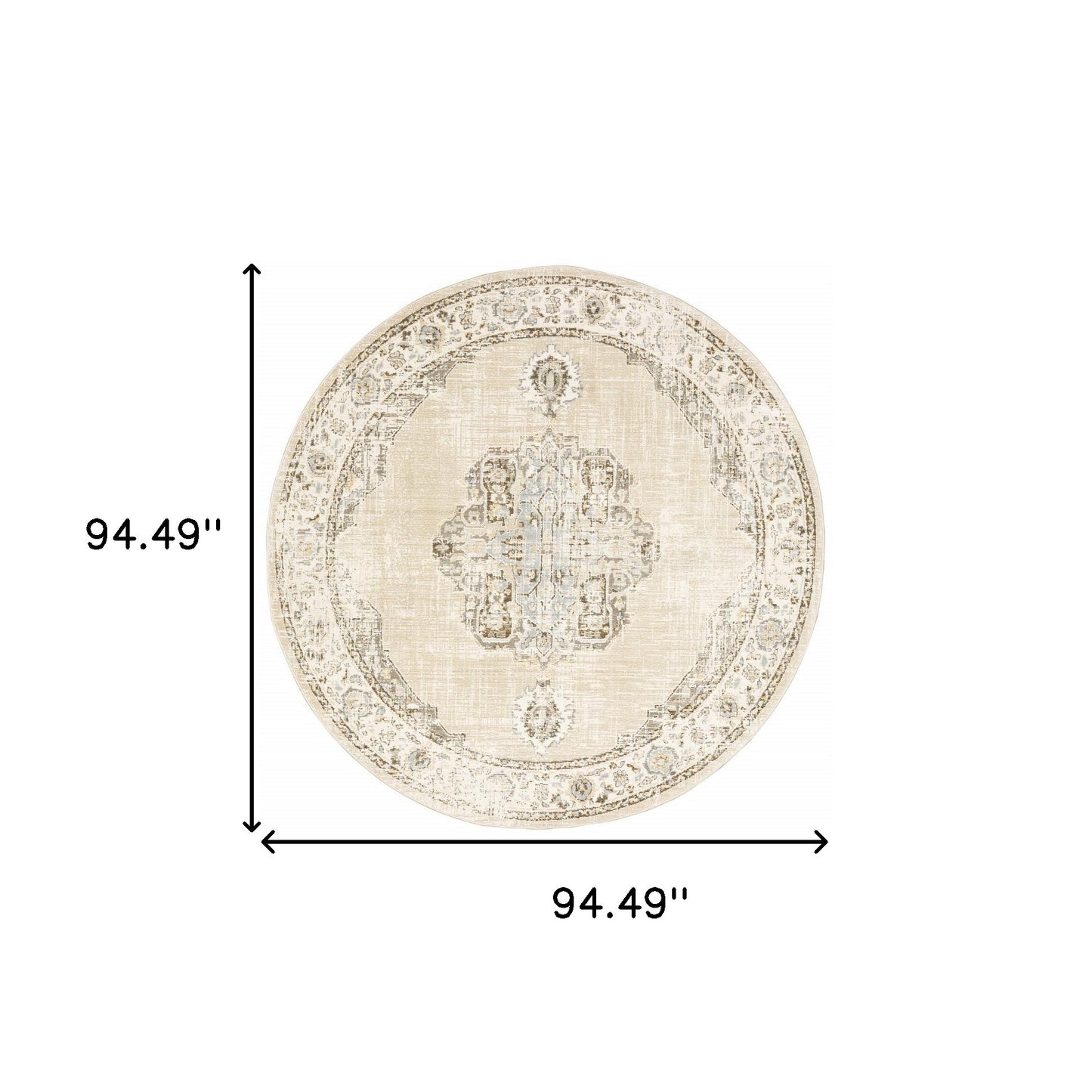 8' Beige And Ivory Round Oriental Power Loom Stain Resistant Area Rug