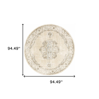 8' Beige And Ivory Round Oriental Power Loom Stain Resistant Area Rug