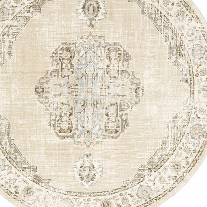 8' Beige And Ivory Round Oriental Power Loom Stain Resistant Area Rug