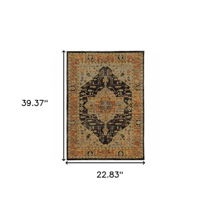 2' X 3' Gold Brown Grey Rust Green And Purple Oriental Power Loom Stain Resistant Area Rug