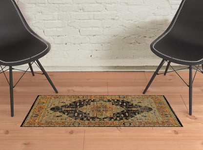 2' X 3' Gold Brown Grey Rust Green And Purple Oriental Power Loom Stain Resistant Area Rug