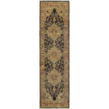 2' X 8' Gold Brown Grey Rust Green And Purple Oriental Power Loom Stain Resistant Runner Rug