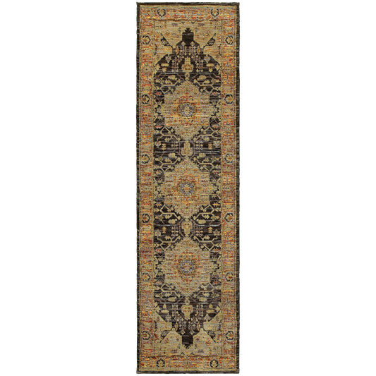 2' X 8' Gold Brown Grey Rust Green And Purple Oriental Power Loom Stain Resistant Runner Rug