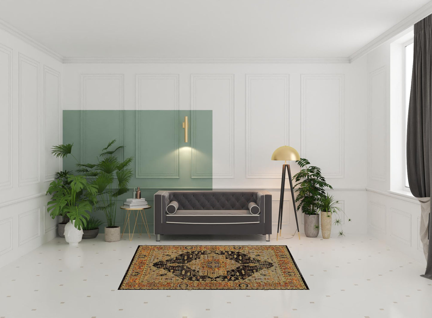 5' X 7' Gold Brown Grey Rust Green And Purple Oriental Power Loom Stain Resistant Area Rug