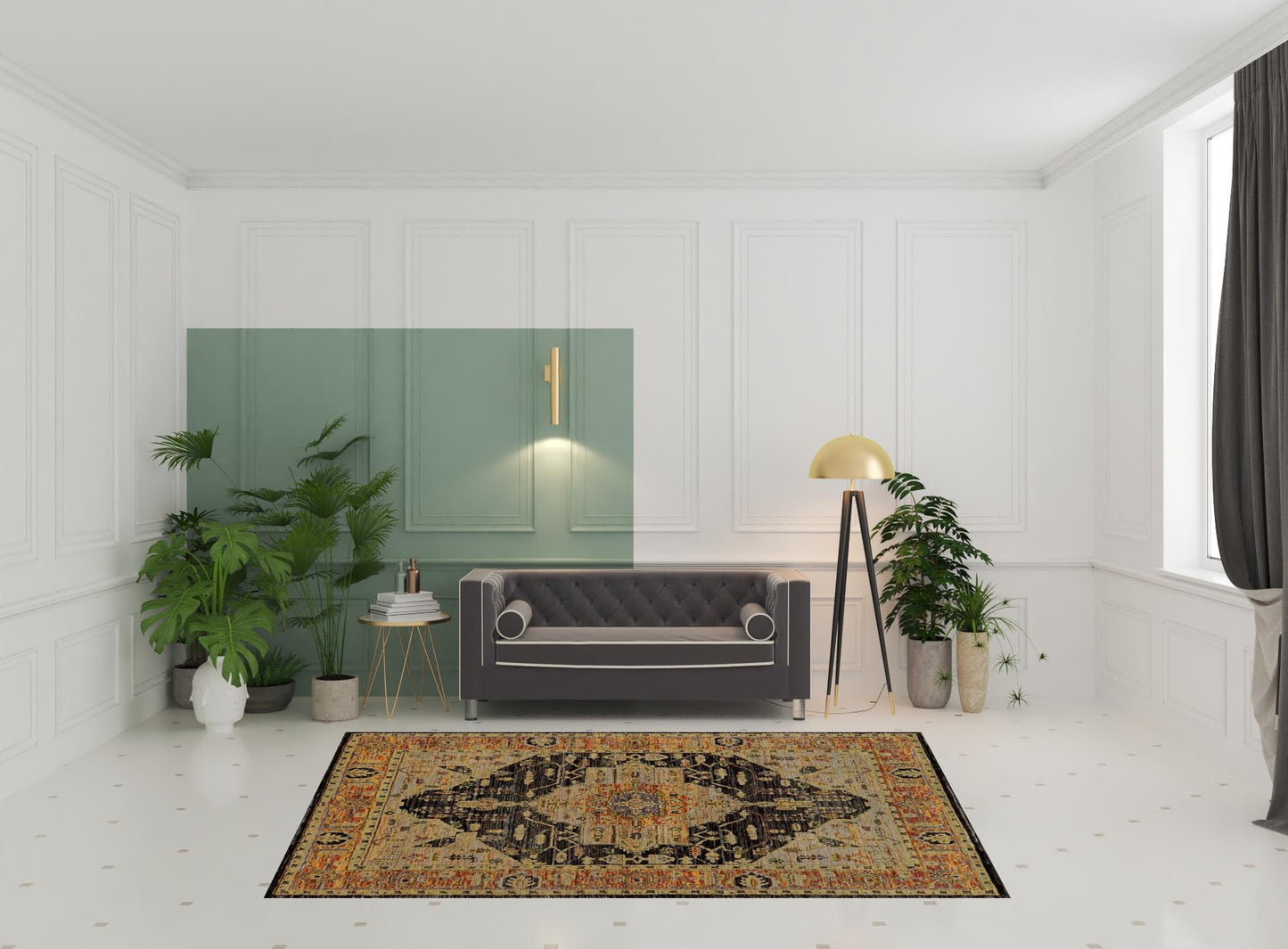 6' X 9' Gold Brown Grey Rust Green And Purple Oriental Power Loom Stain Resistant Area Rug