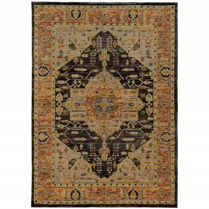 8' X 10' Gold Brown Grey Rust Green And Purple Oriental Power Loom Stain Resistant Area Rug