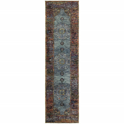 2' X 8' Blue Gold Green Red Orange And Purple Oriental Power Loom Stain Resistant Runner Rug