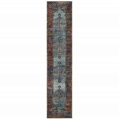 2' X 10' Blue And Red Oriental Power Loom Runner Rug