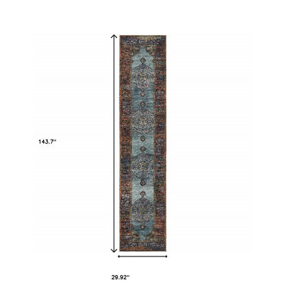 2' X 10' Blue And Red Oriental Power Loom Runner Rug