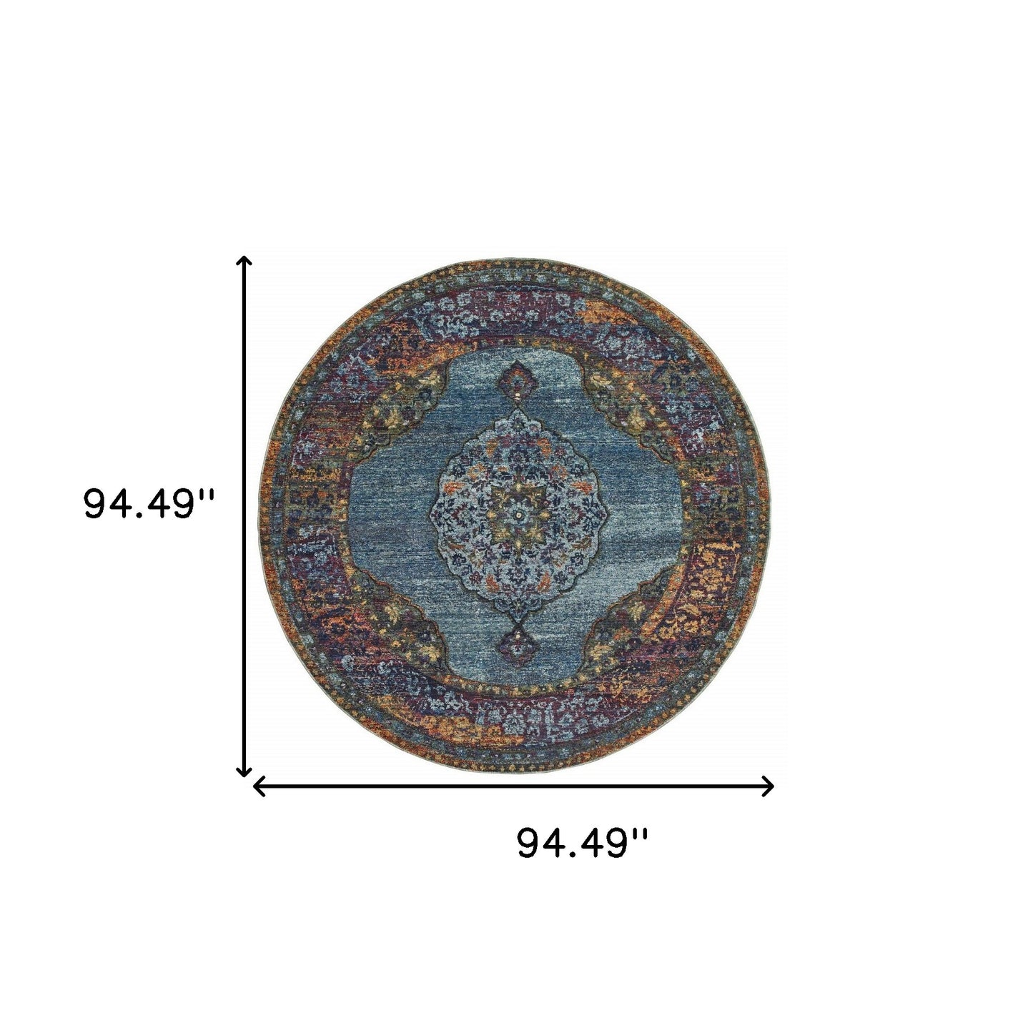 8' Blue Gold Green Red Orange And Purple Round Oriental Power Loom Stain Resistant Area Rug