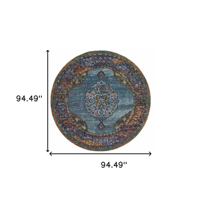 8' Blue Gold Green Red Orange And Purple Round Oriental Power Loom Stain Resistant Area Rug