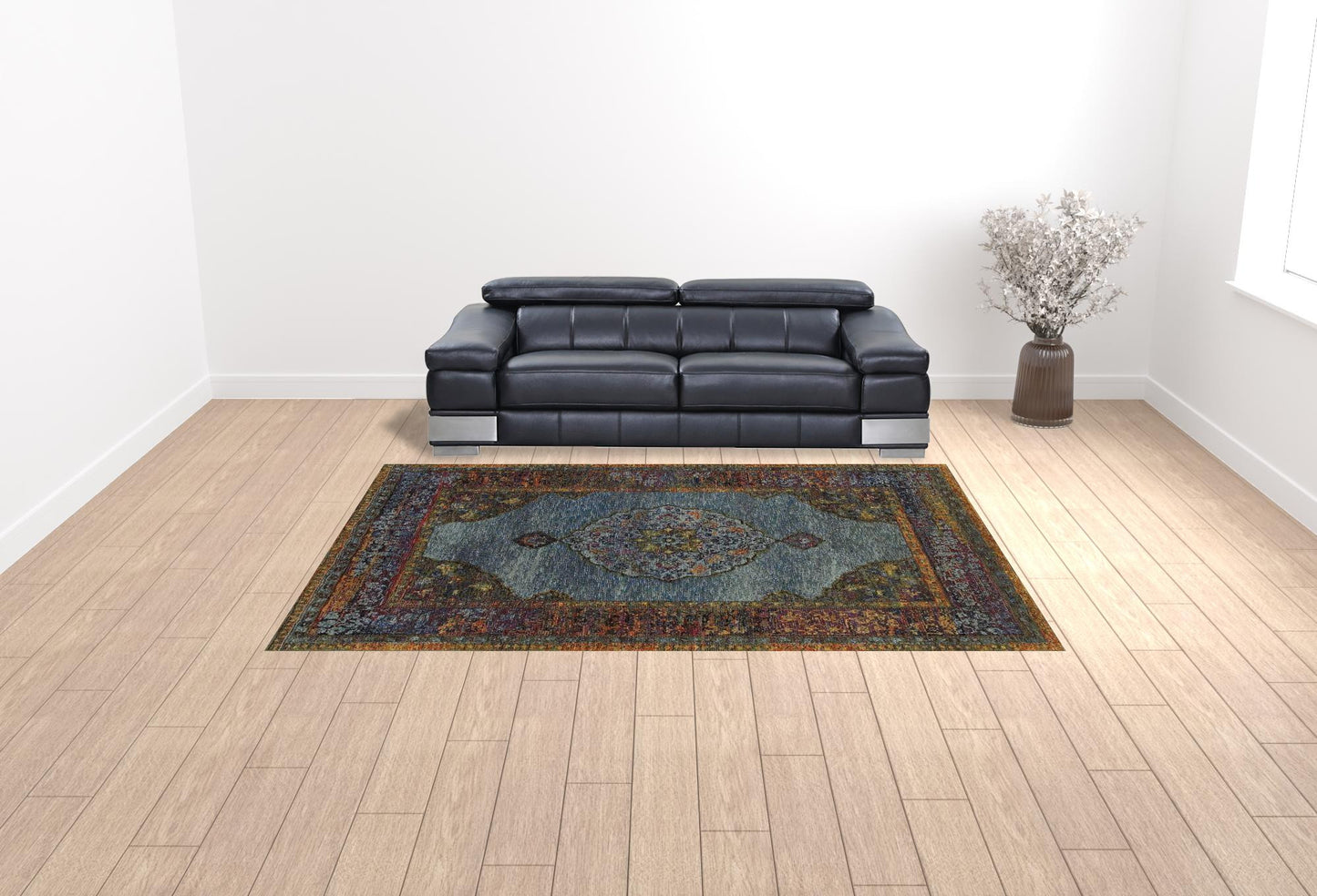 9' X 12' Blue Gold Green Red Orange And Purple Oriental Power Loom Stain Resistant Area Rug