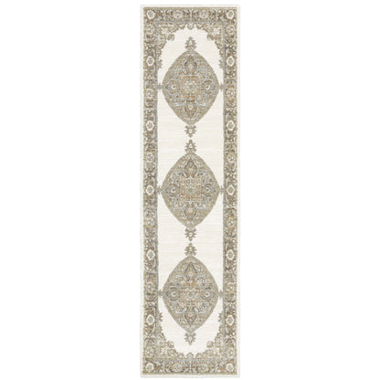 2' X 8' Beige Ivory Tan Gold Grey And Green Oriental Power Loom Stain Resistant Runner Rug